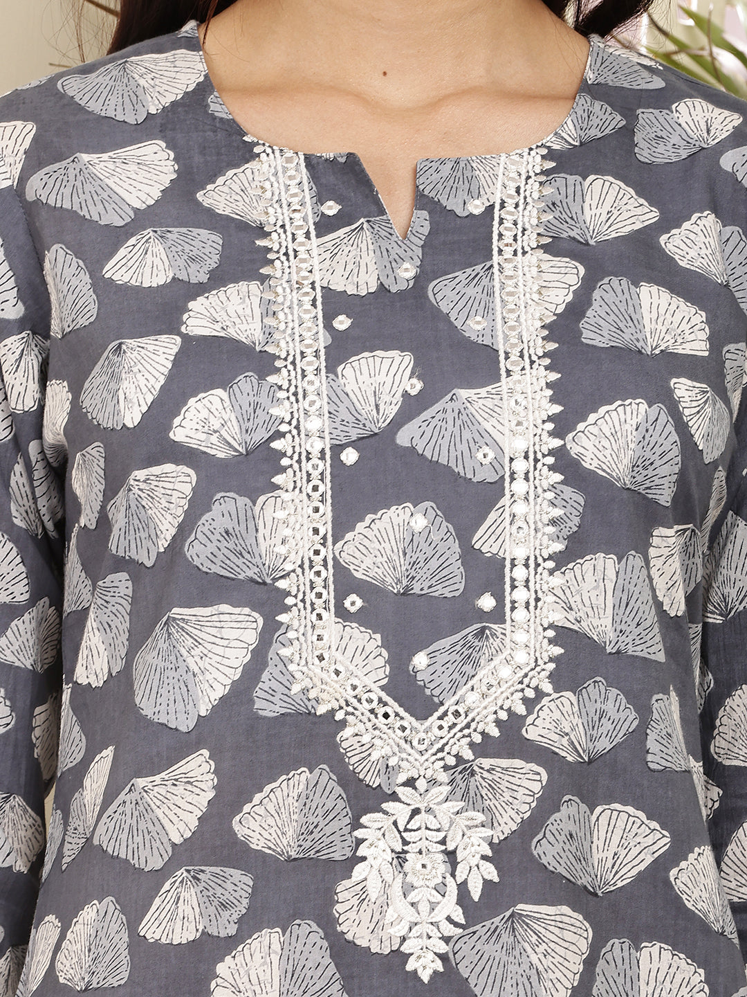 Charcoal Grey Cotton Printed Kurta Set with Dupatta