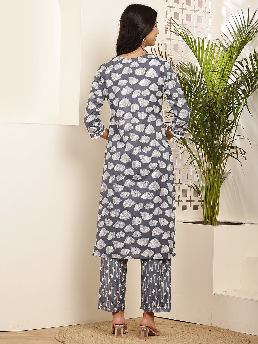 Charcoal Grey Cotton Printed Kurta Set with Dupatta