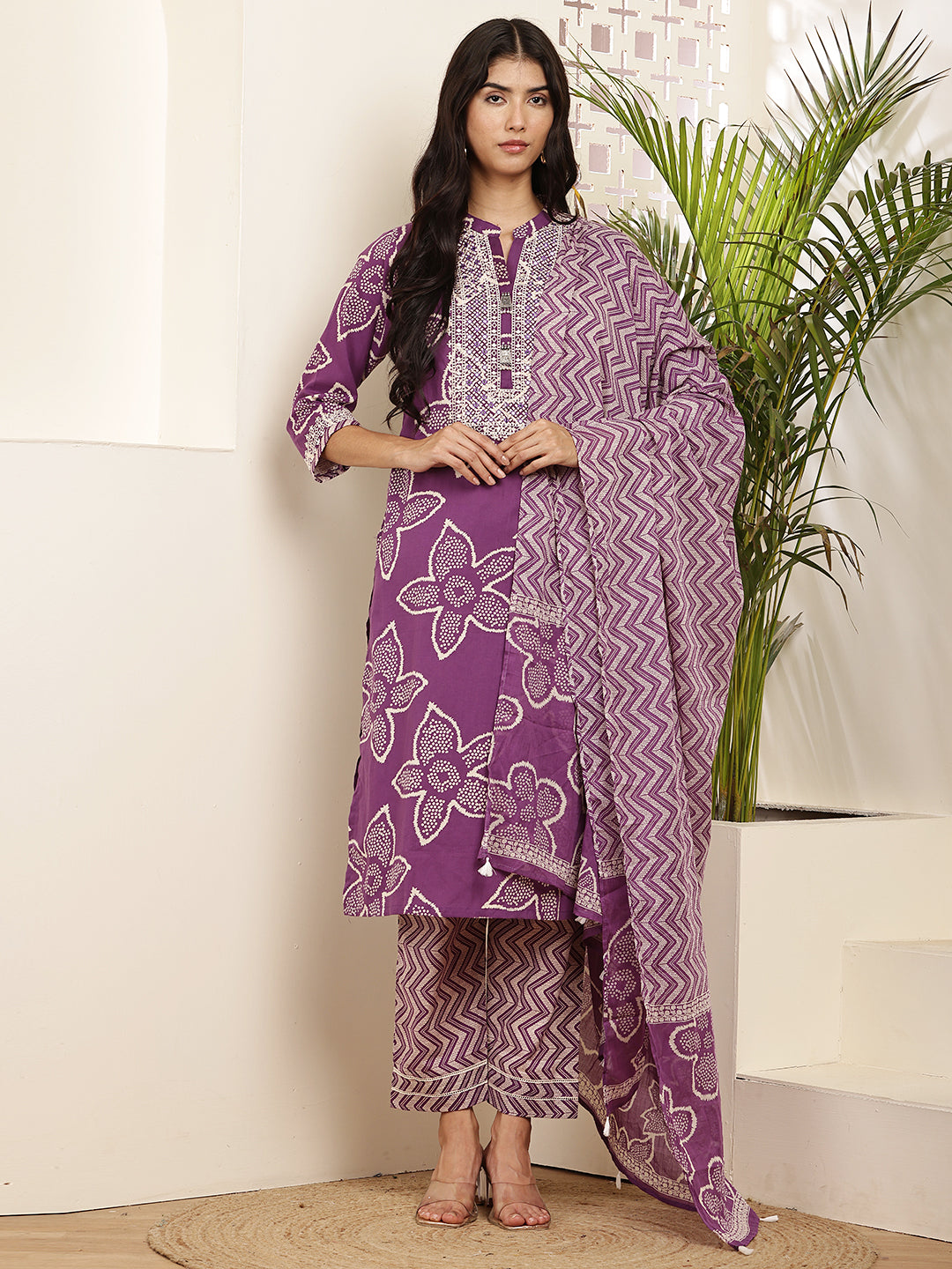 Elegant Purple Printed Cotton Kurta Set for Women