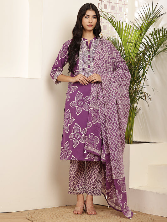 Elegant Purple Printed Cotton Kurta Set for Women