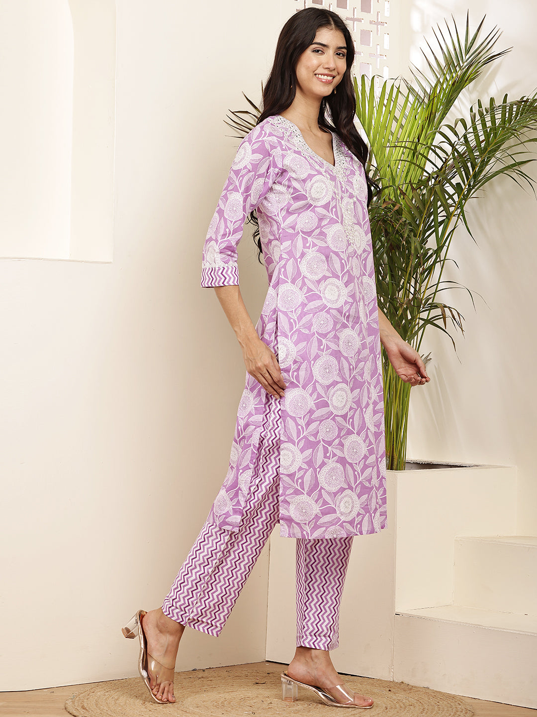 Lavender Printed Cotton Kurta Set with Dupatta