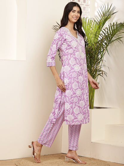 Lavender Printed Cotton Kurta Set with Dupatta