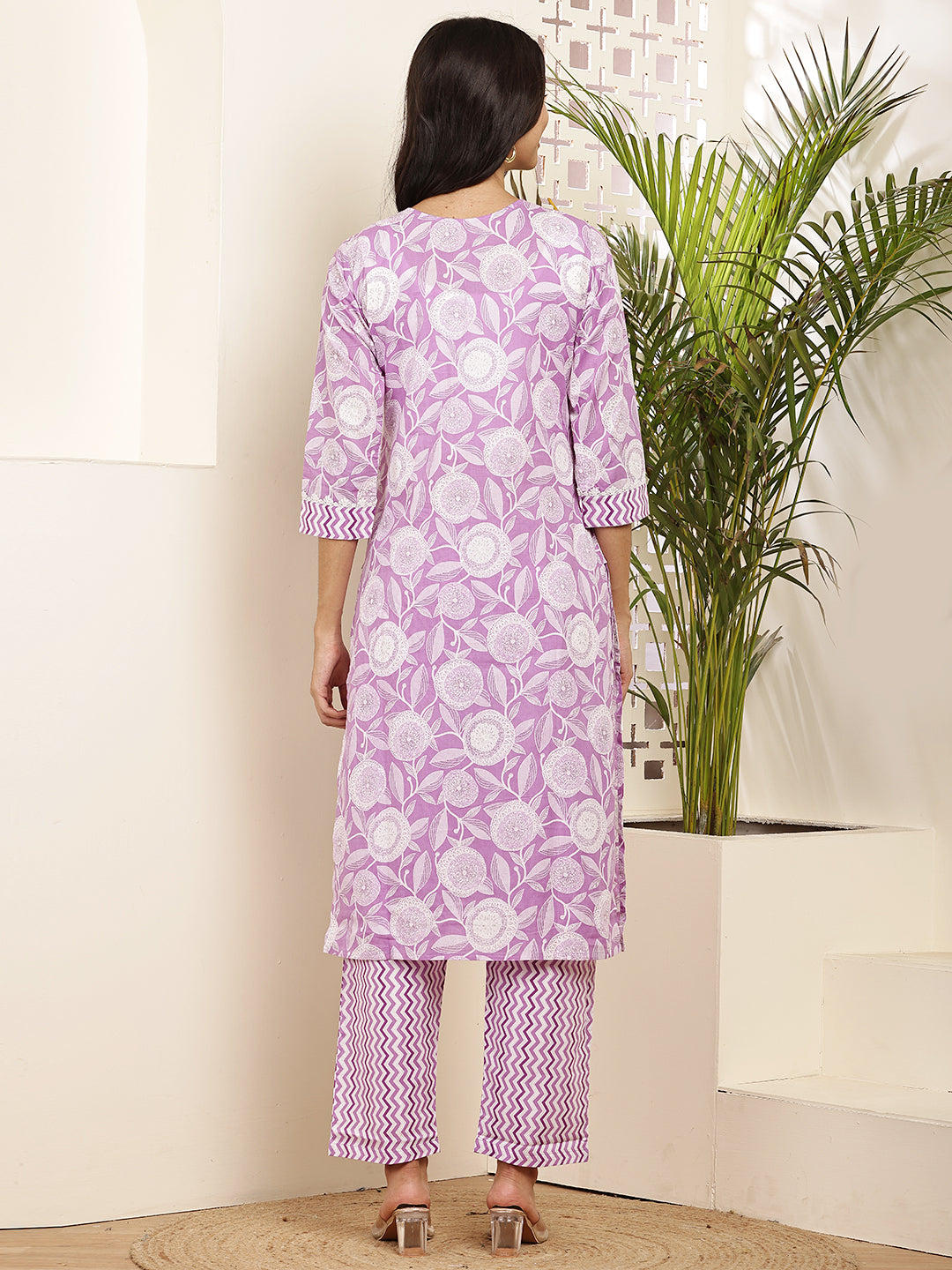 Lavender Printed Cotton Kurta Set with Dupatta