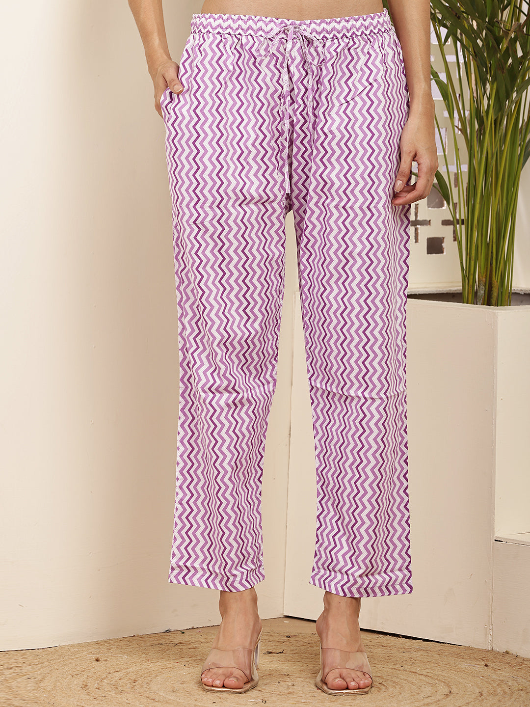 Lavender Printed Cotton Kurta Set with Dupatta