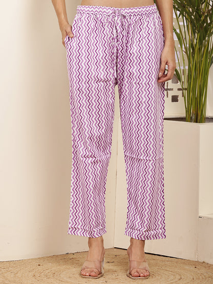 Lavender Printed Cotton Kurta Set with Dupatta