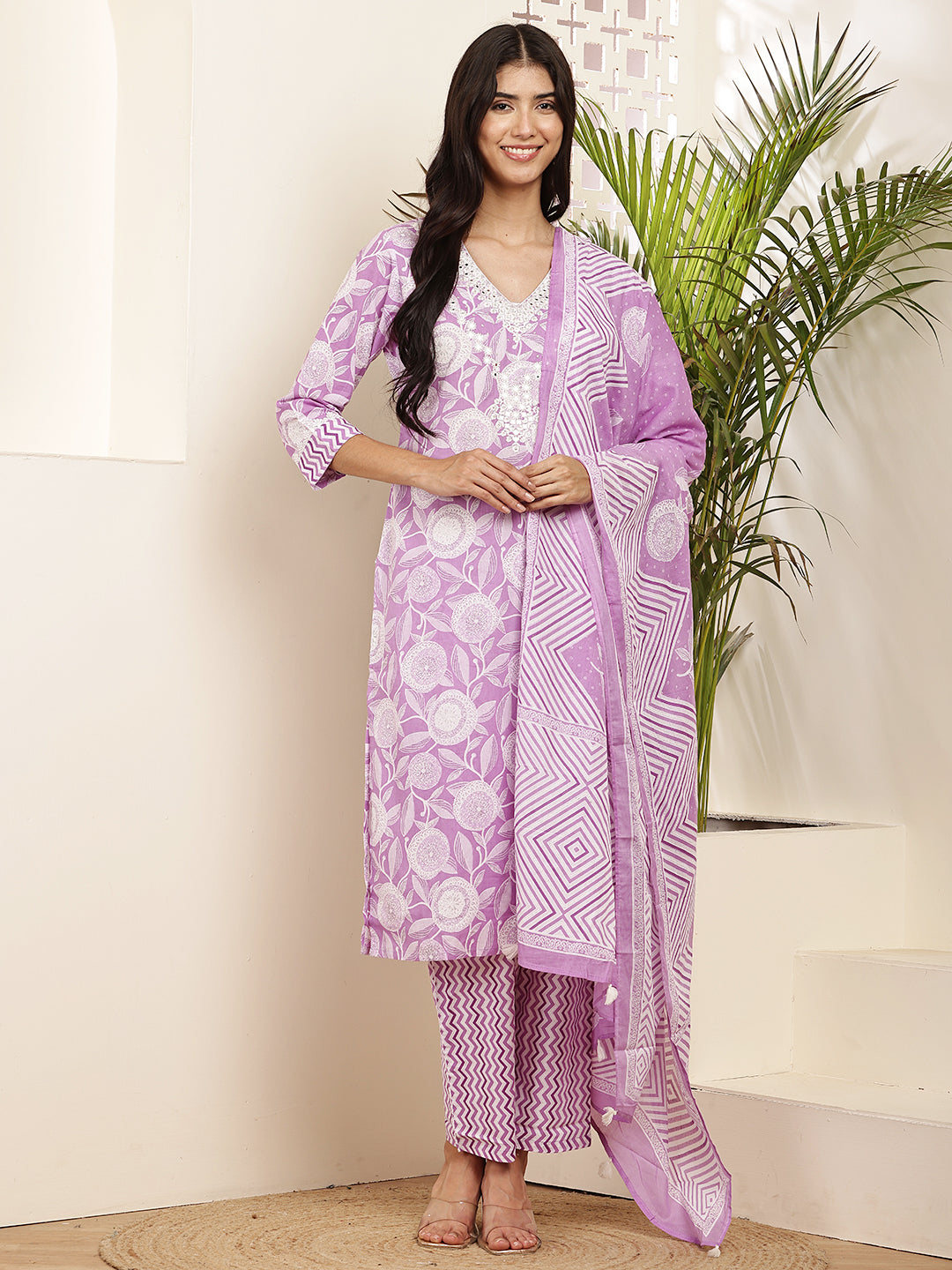 Lavender Printed Cotton Kurta Set with Dupatta