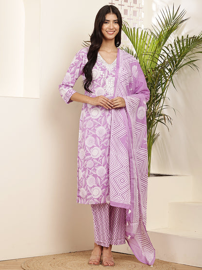 Lavender Printed Cotton Kurta Set with Dupatta