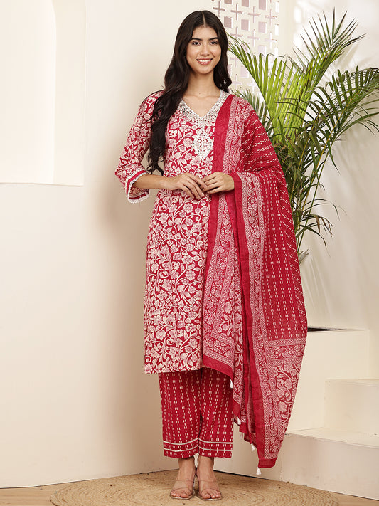 Graceful Red Cotton Printed Kurta Set with Dupatta for Women