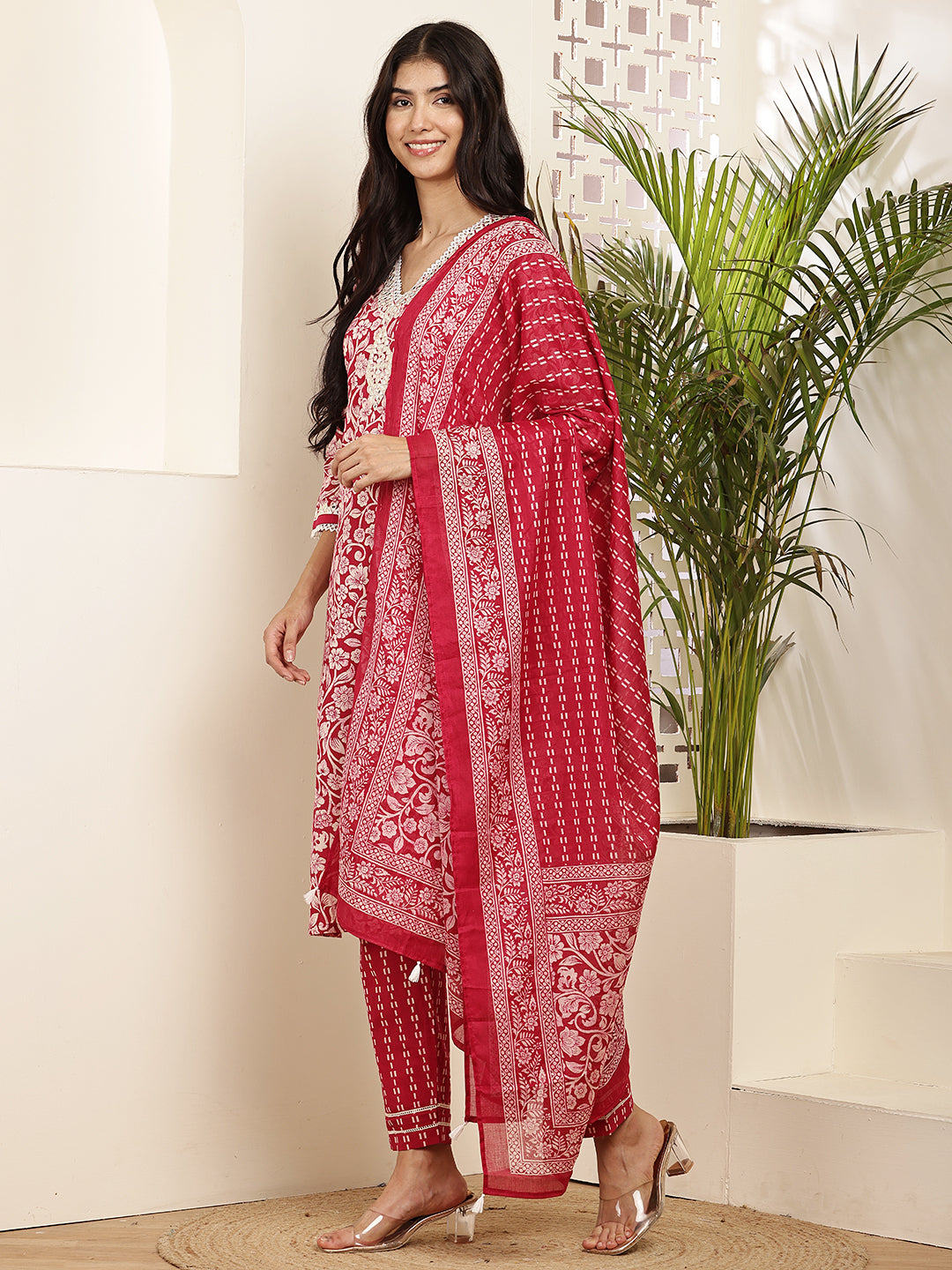Graceful Red Cotton Printed Kurta Set with Dupatta for Women