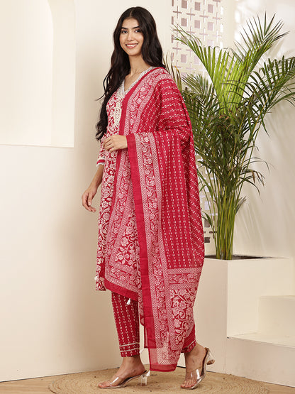 Graceful Red Cotton Printed Kurta Set with Dupatta for Women
