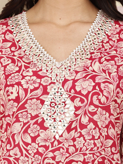 Graceful Red Cotton Printed Kurta Set with Dupatta for Women