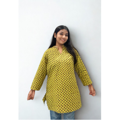 Mustard Ethnic Print short Kurti