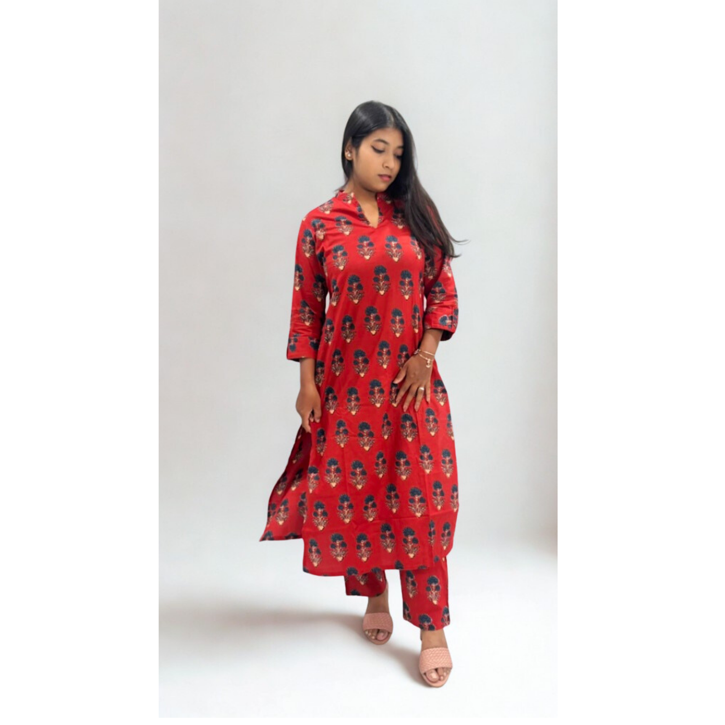 Red Handblock Printed A-Line Kurta Set