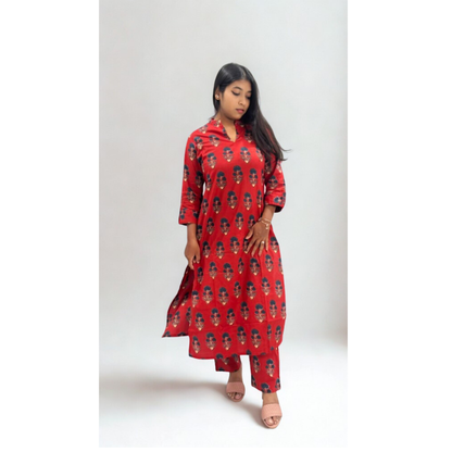 Red Handblock Printed A-Line Kurta Set