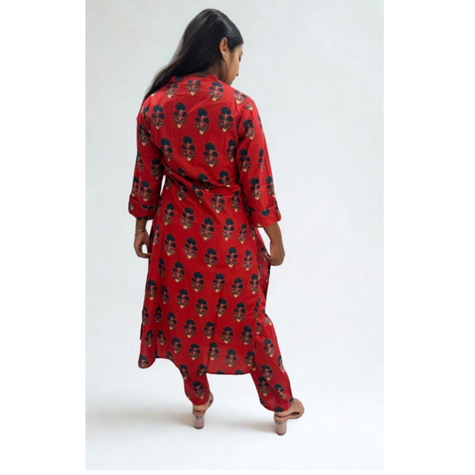 Red Handblock Printed A-Line Kurta Set