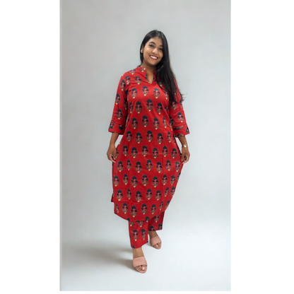 Red Handblock Printed A-Line Kurta Set