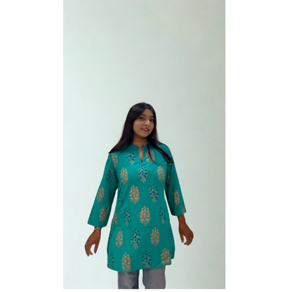 Teal Floral Print Short Kurti