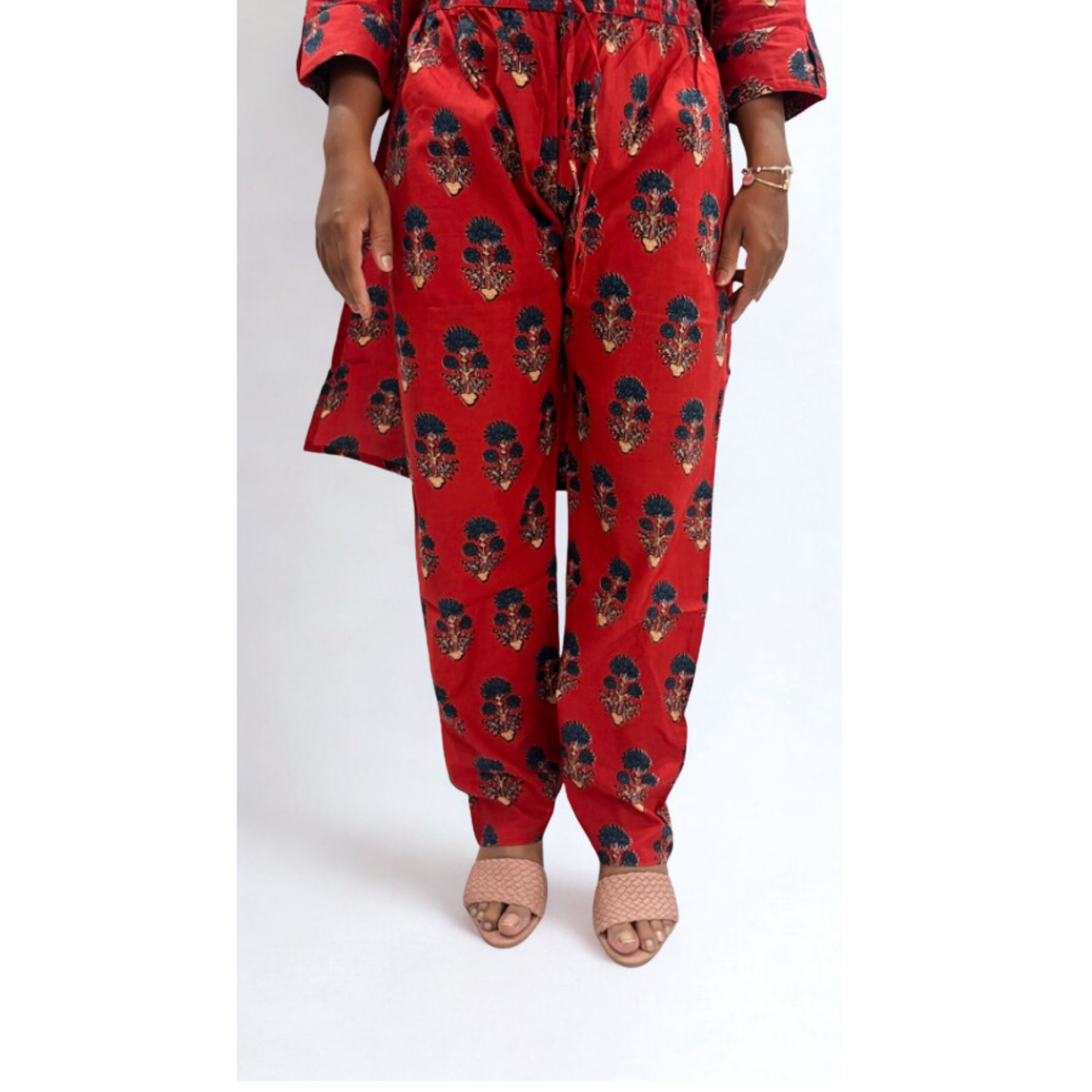 Red Handblock Printed A-Line Kurta Set