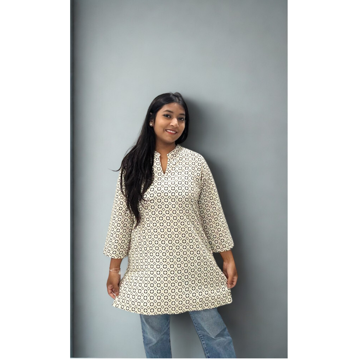 Cream Geometric Print Short Kurti