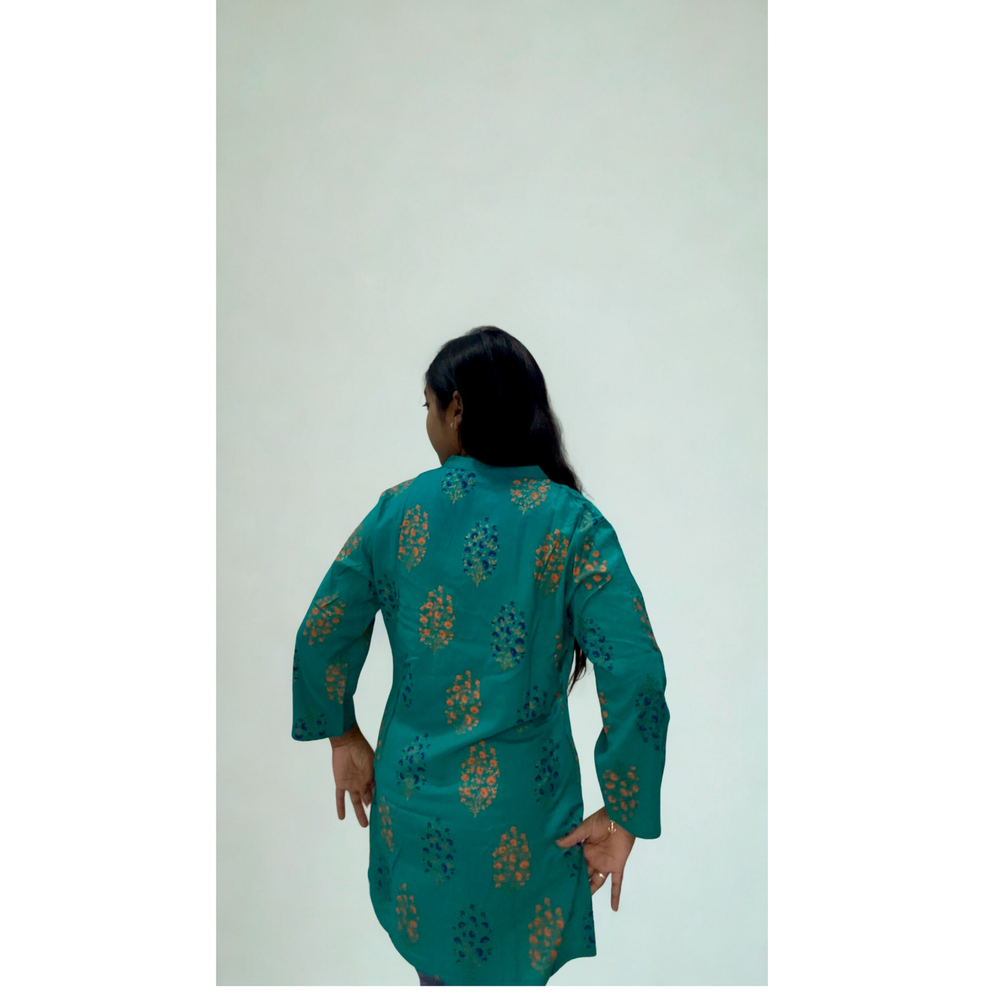Teal Floral Print Short Kurti
