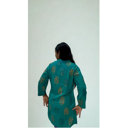 Teal Floral Print Short Kurti