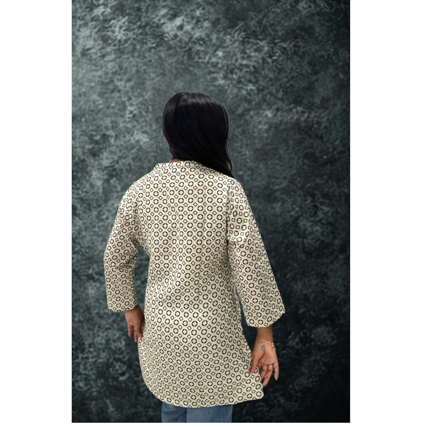 Cream Geometric Print Short Kurti