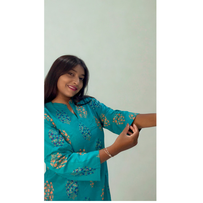 Teal Floral Print Short Kurti