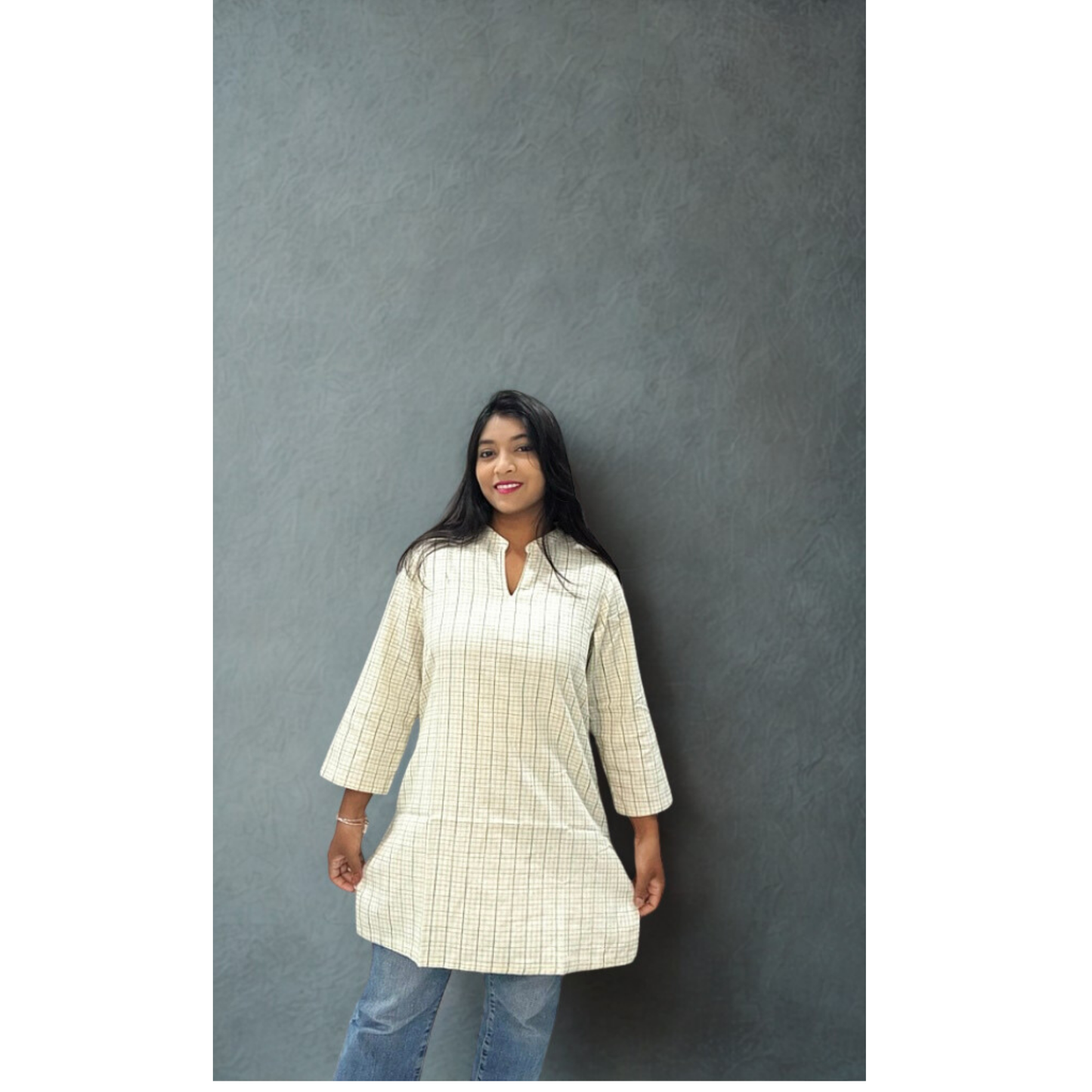 Cream Geometric Print Short Kurti
