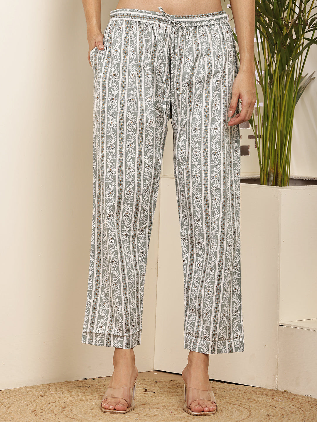 Women’s Grey Printed Cotton Kurta Set with Dupatta