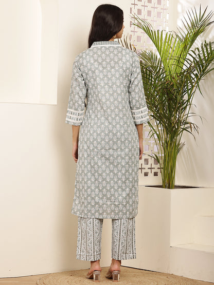 Women’s Grey Printed Cotton Kurta Set with Dupatta