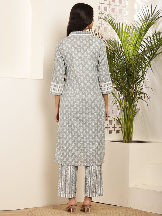 Women’s Grey Printed Cotton Kurta Set with Dupatta
