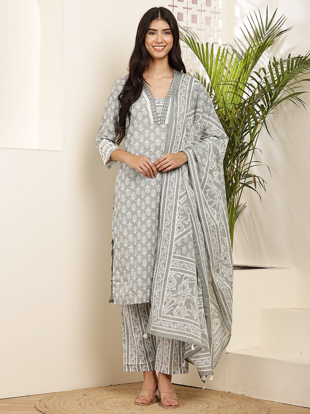 Women’s Grey Printed Cotton Kurta Set with Dupatta