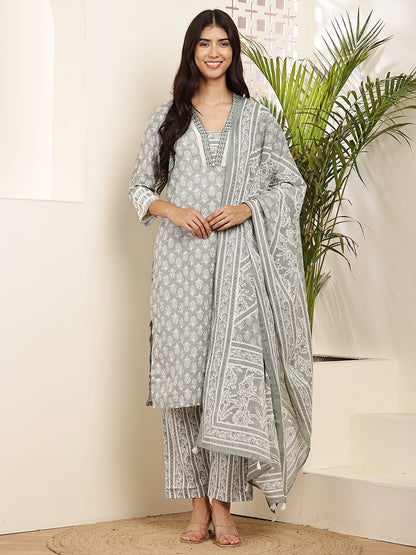 Women’s Grey Printed Cotton Kurta Set with Dupatta