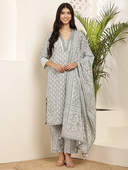 Women’s Grey Printed Cotton Kurta Set with Dupatta