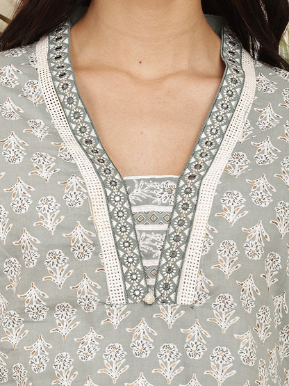 Women’s Grey Printed Cotton Kurta Set with Dupatta