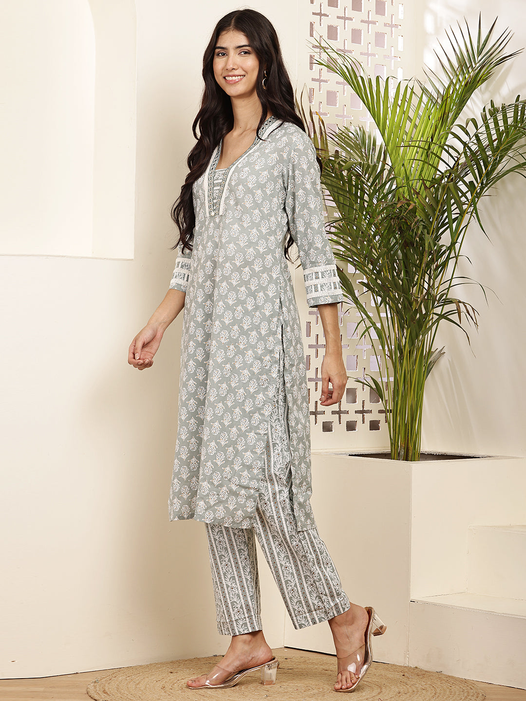 Women’s Grey Printed Cotton Kurta Set with Dupatta