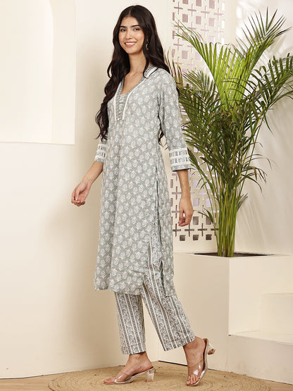 Women’s Grey Printed Cotton Kurta Set with Dupatta