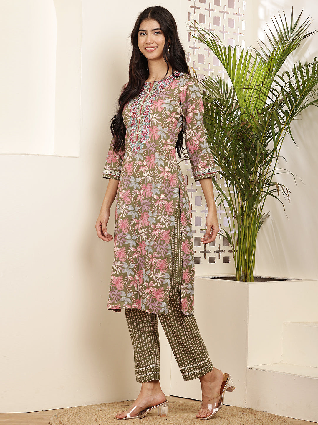 Women’s Olive & Pink Floral Printed Cotton Kurta Set with Dupatta