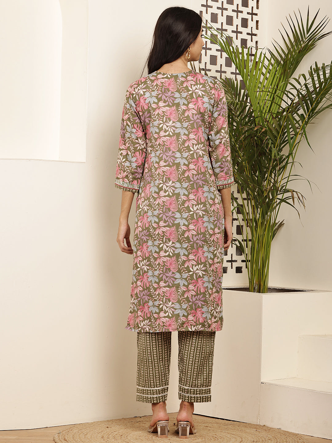 Women’s Olive & Pink Floral Printed Cotton Kurta Set with Dupatta