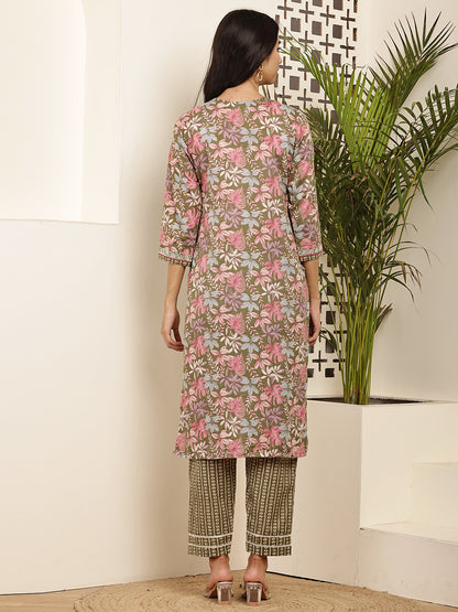 Women’s Olive & Pink Floral Printed Cotton Kurta Set with Dupatta