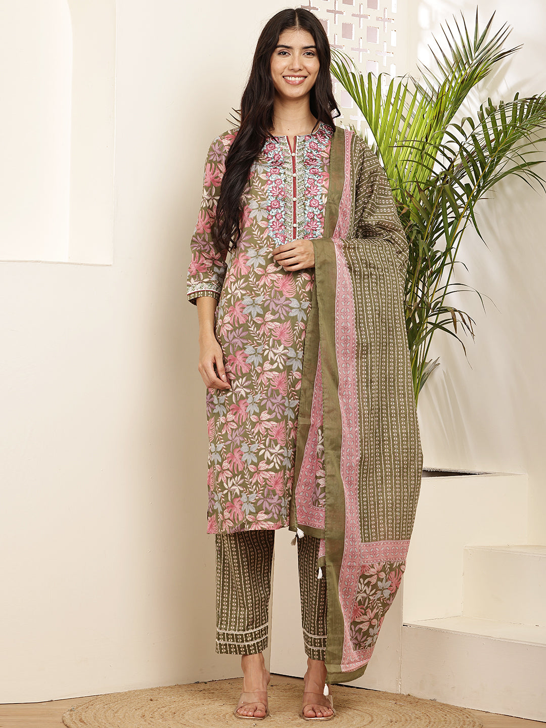 Women’s Olive & Pink Floral Printed Cotton Kurta Set with Dupatta