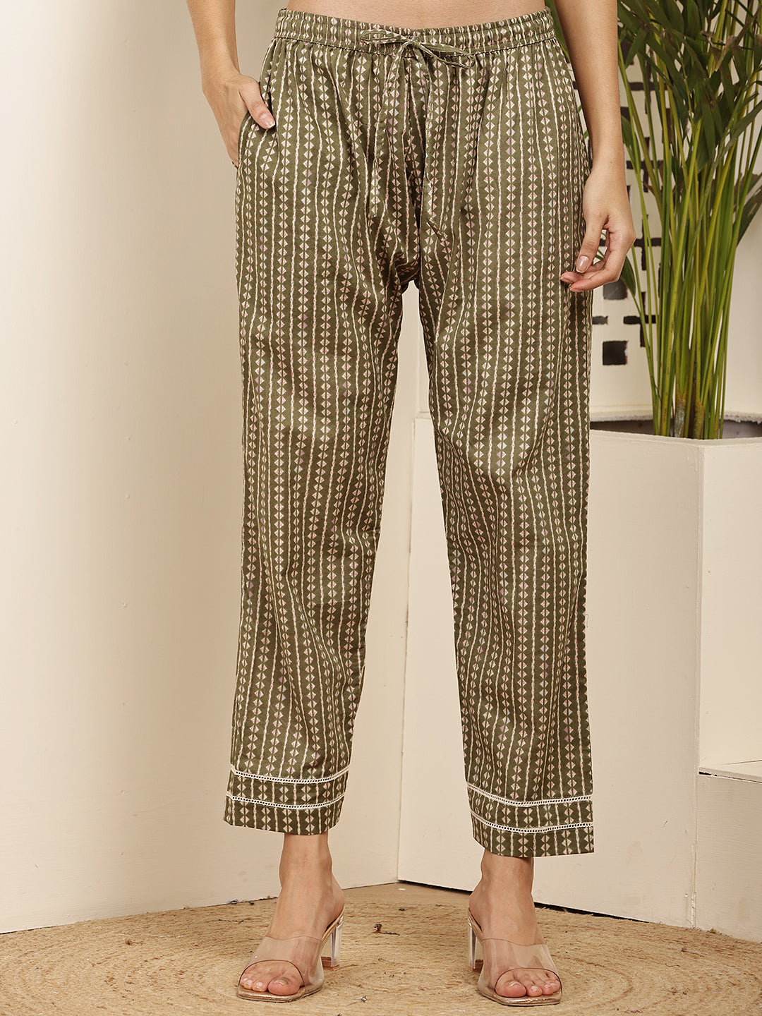 Women’s Olive & Pink Floral Printed Cotton Kurta Set with Dupatta