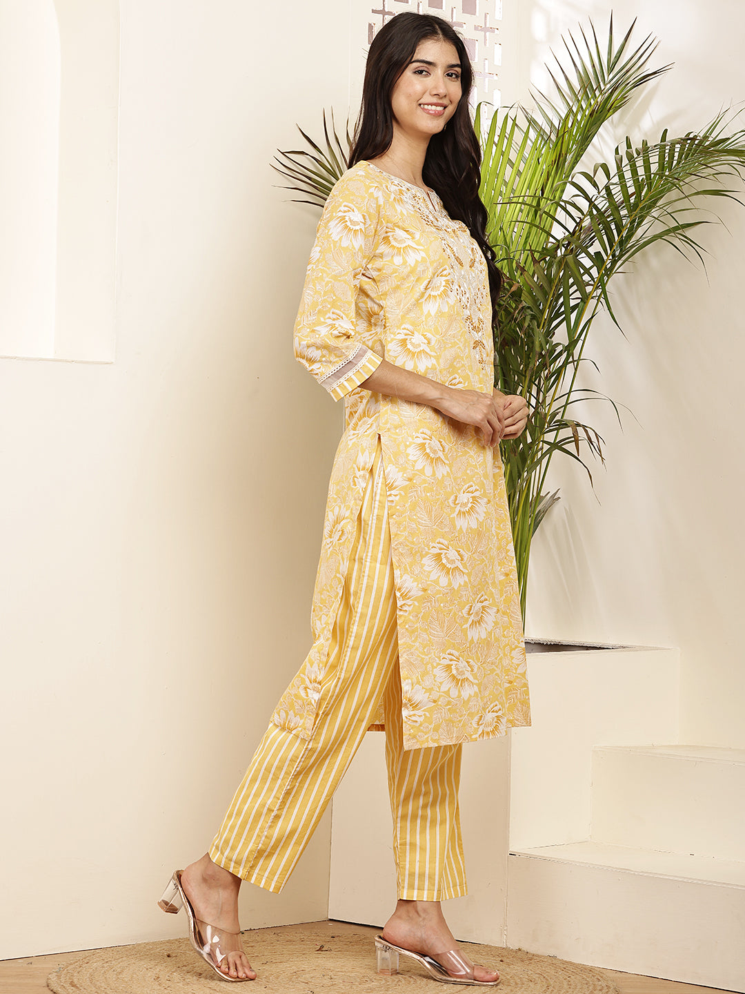 Yellow Floral Printed Cotton Kurta Set with Dupatta