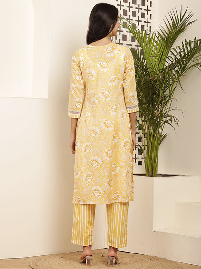 Yellow Floral Printed Cotton Kurta Set with Dupatta