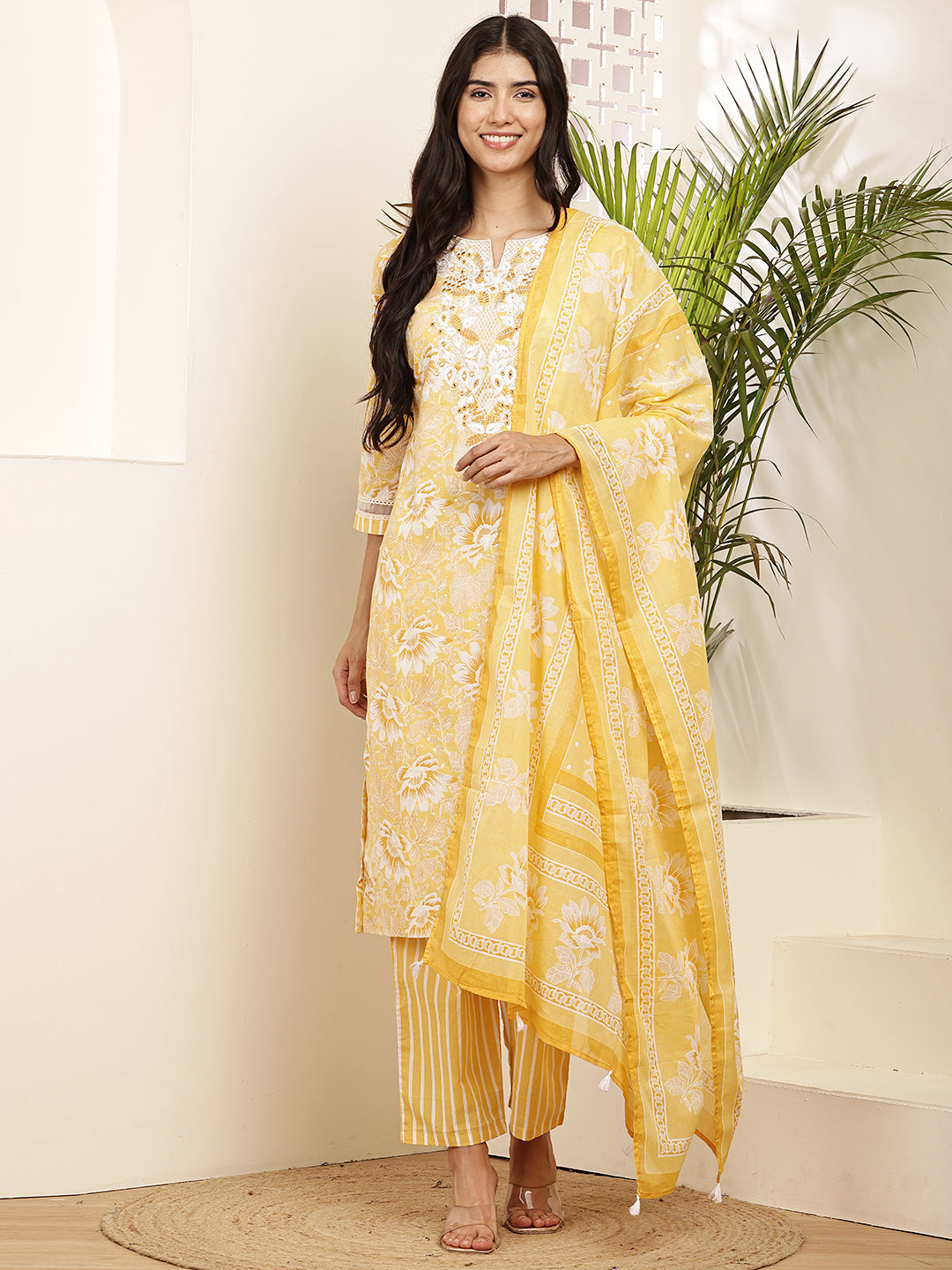 Yellow Floral Printed Cotton Kurta Set with Dupatta