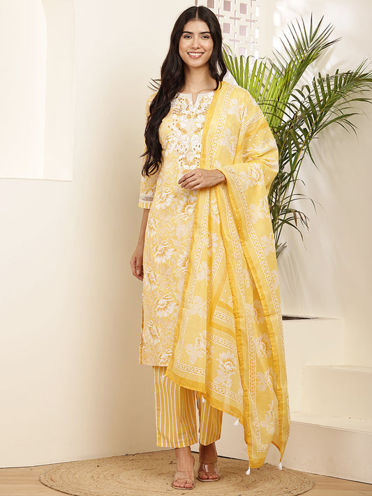 Yellow Floral Printed Cotton Kurta Set with Dupatta