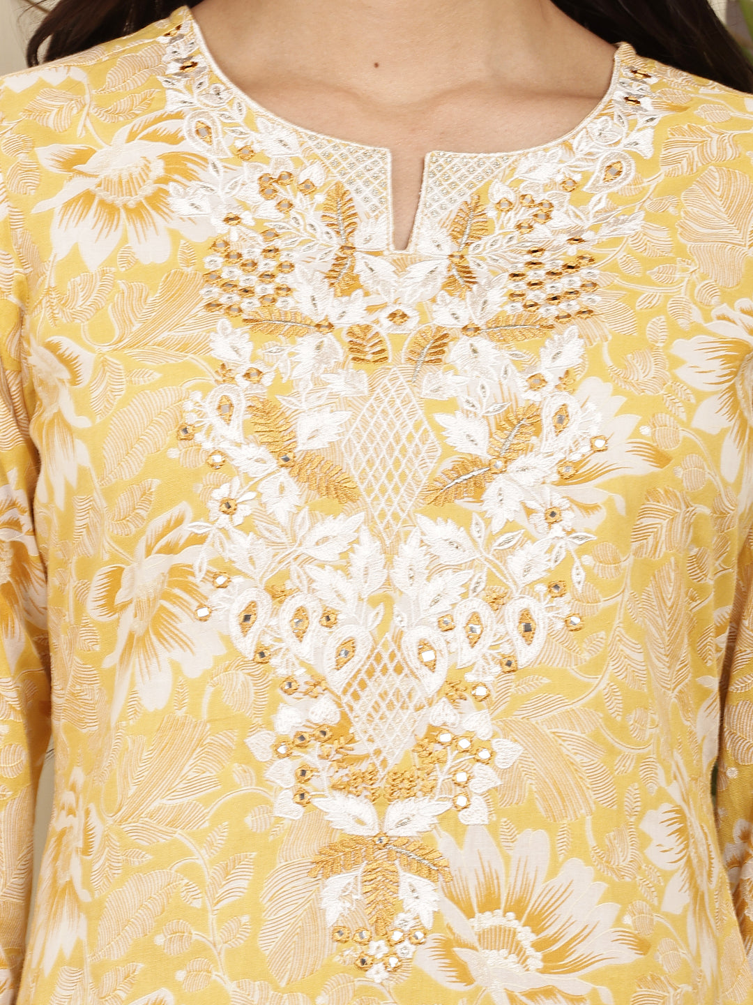 Yellow Floral Printed Cotton Kurta Set with Dupatta