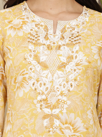 Yellow Floral Printed Cotton Kurta Set with Dupatta
