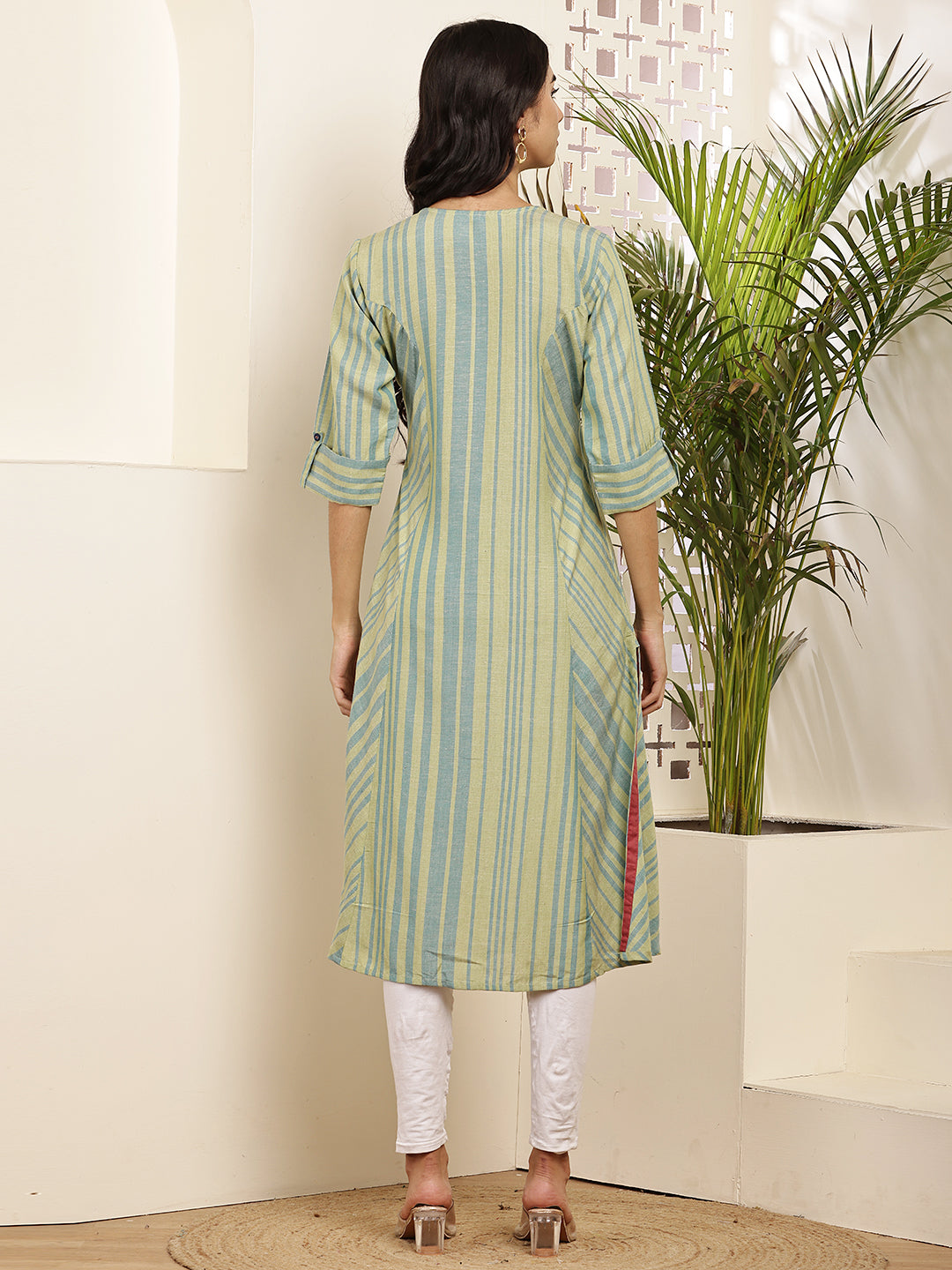 striped kurti with floral embroidery