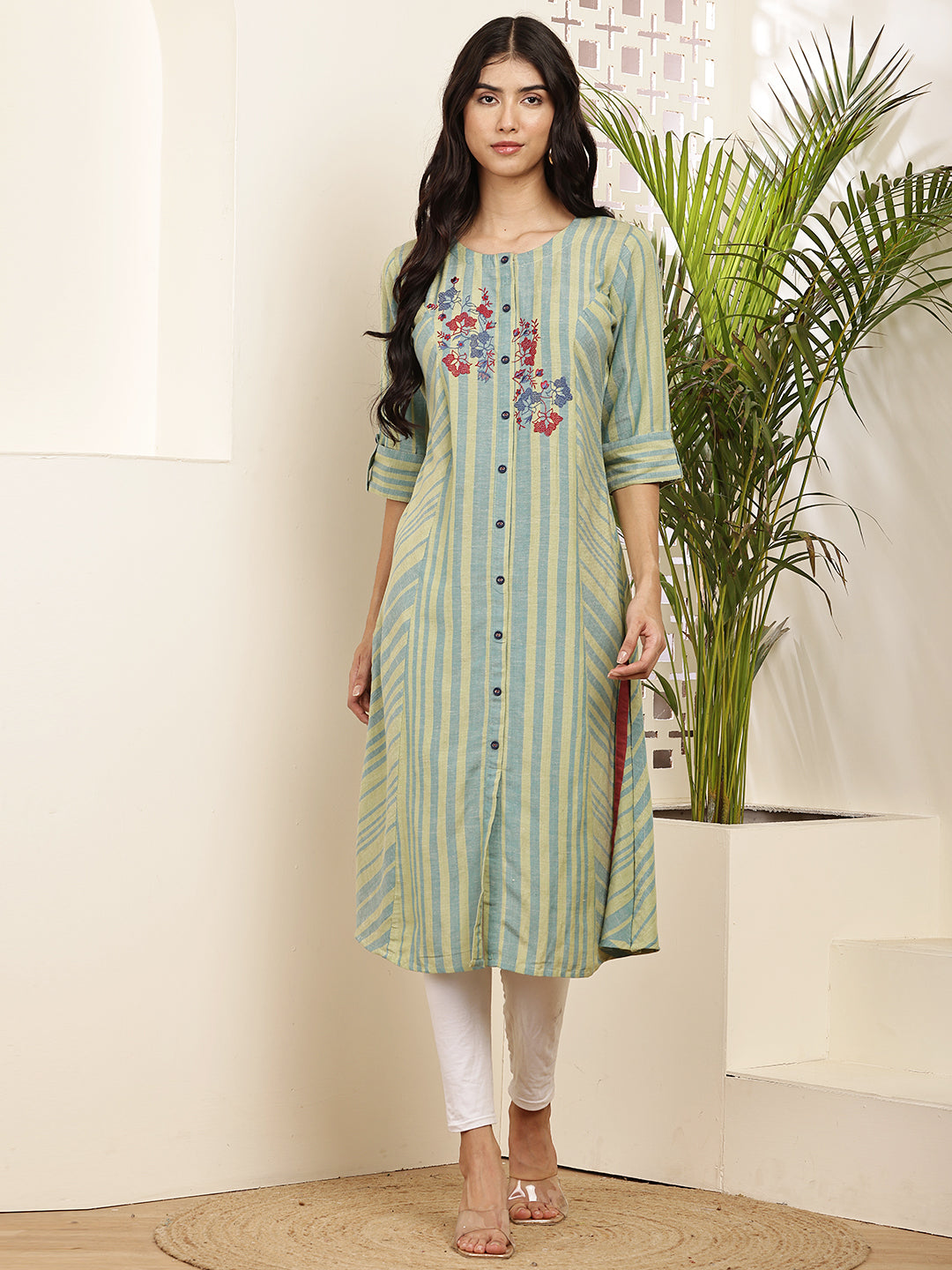 striped kurti with floral embroidery